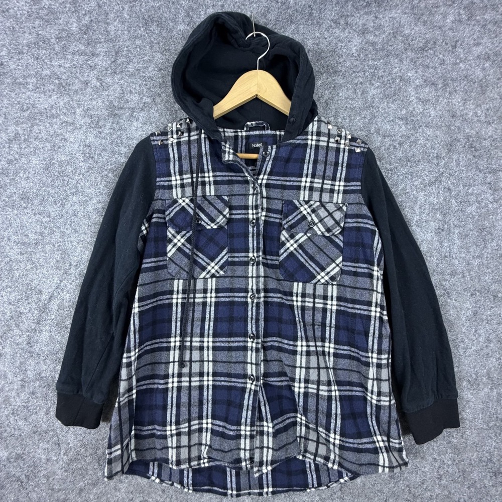 Nollie Hooded Flannel Shirt Hybrid Womens Large Blue Studded Plaid Chest Pocket